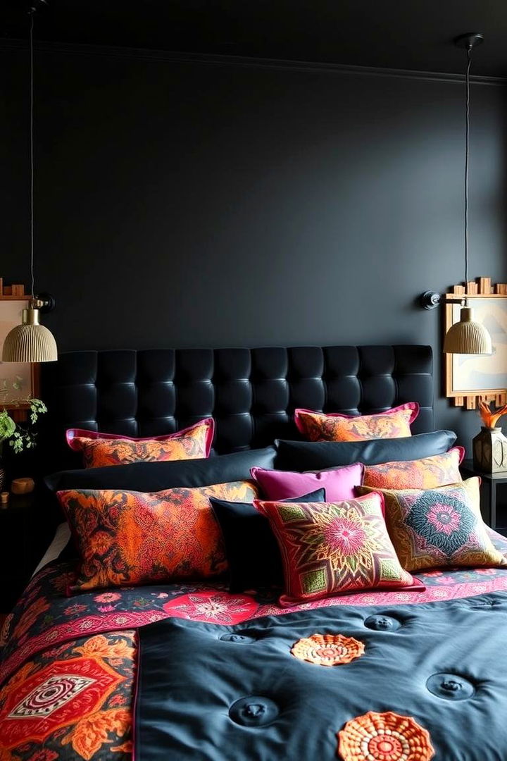 Contemporary Patterned Bedding - 22 Matte Black Bedroom Ideas