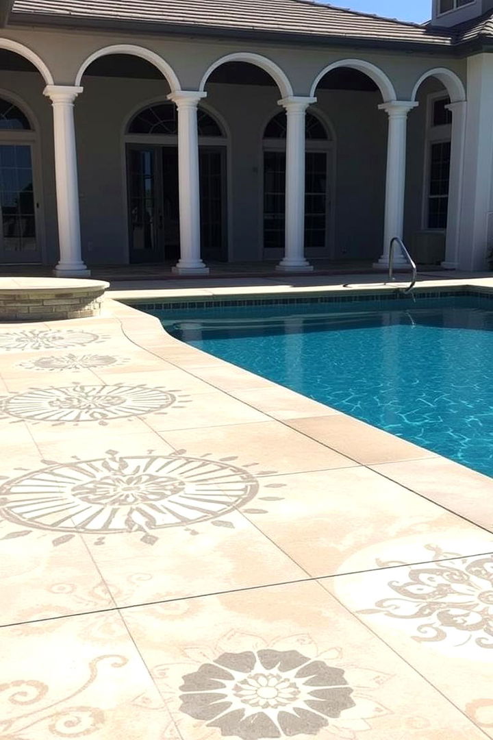 Contemporary Stenciled Patterns - 22 Concrete Pool Deck Ideas