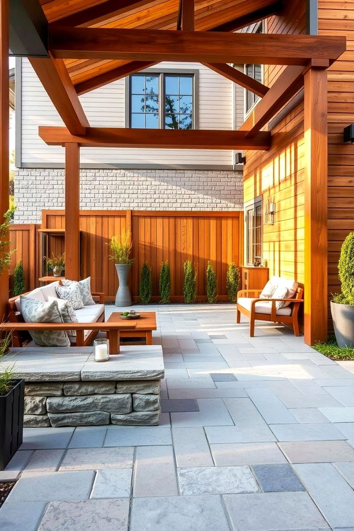 Contemporary Stone and Wood Fusion - 22 Front Yard Patio Ideas