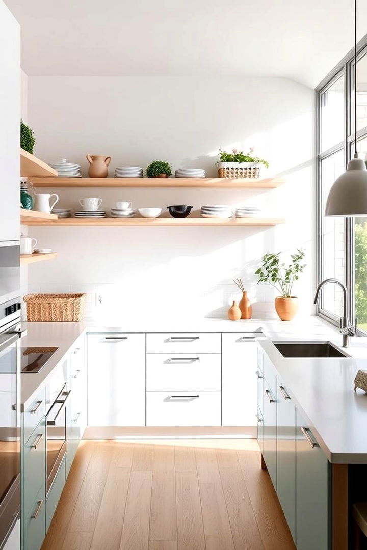 Contemporary Teal and White Kitchen with Open Shelving - 22 Teal and White Kitchen Ideas