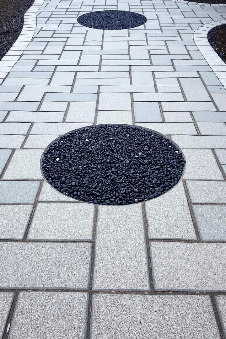 Contrasted with Dark Gravel Insets - 22 Grey Paver Walkway Ideas