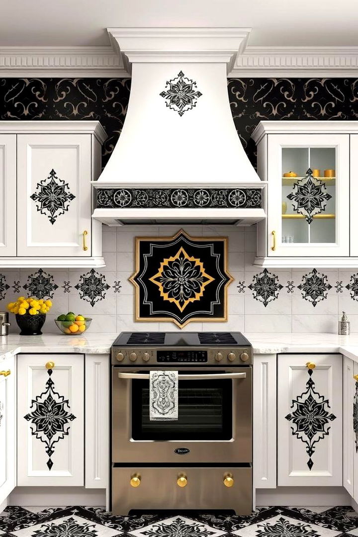 Contrasting Decorative Patterns - 22 black white and gold kitchen ideas