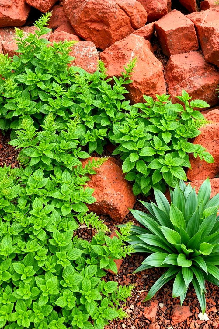 Contrasting Greenery with Bold Red Accents - 22 Red Lava Rock Landscaping Ideas
