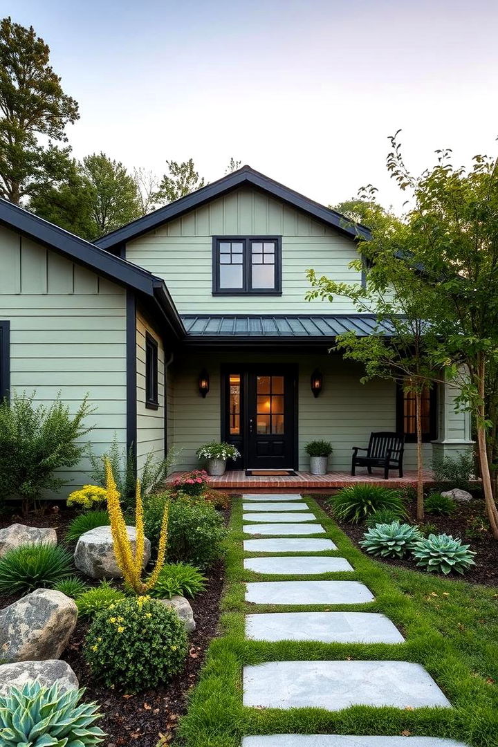 Contrasting Landscaping Harmony - 22 Sage Green House With Black Trim Ideas