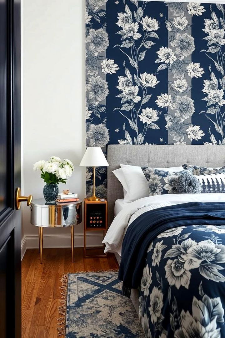 Contrasting Pattern Play - 22 Navy Blue and Grey Bedroom Ideas