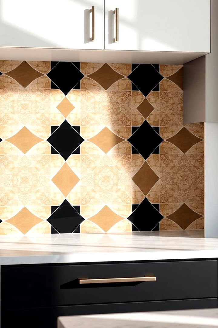 Contrasting Patterns in Backsplash Designs - 22 black and beige kitchen ideas