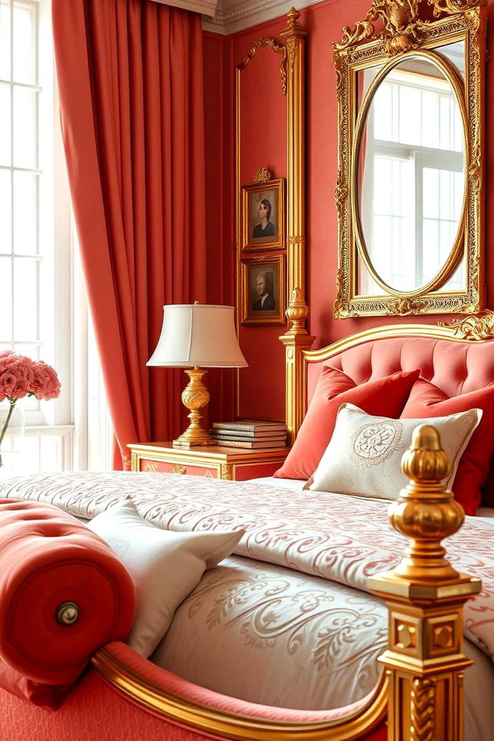 Coral with Gold Detailing for Luxe Appeal - 22 Coral Bedroom Ideas
