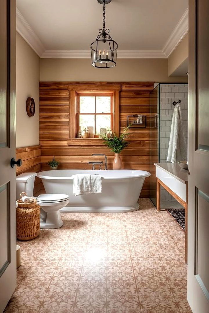 Country Farmhouse Flooring with Patterned Tiles - 22 Country Bathroom Ideas