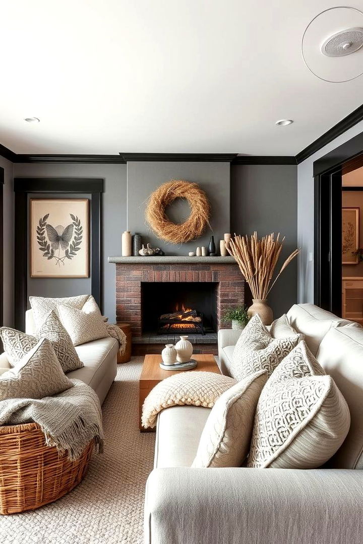 Cozy Accents and Soft Furnishings - 22 Living Room With Grey Walls and Black Trim