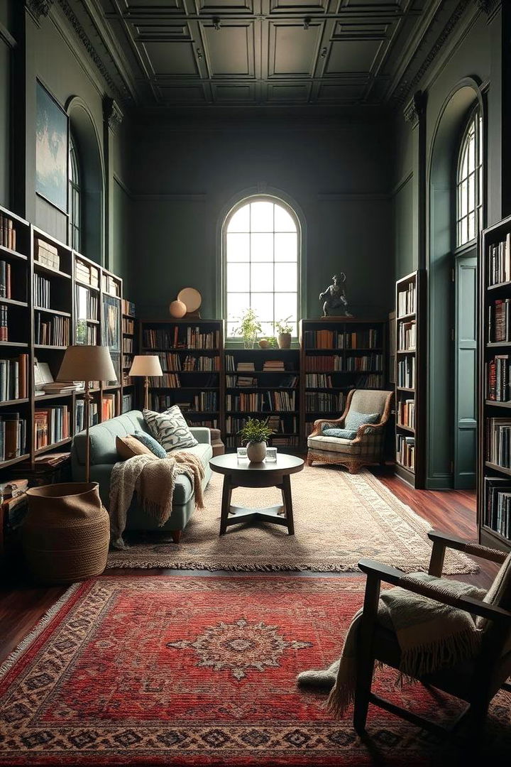Cozy Ambiance with Textiles - 22 Dark Green Home Library Ideas and Inspiration