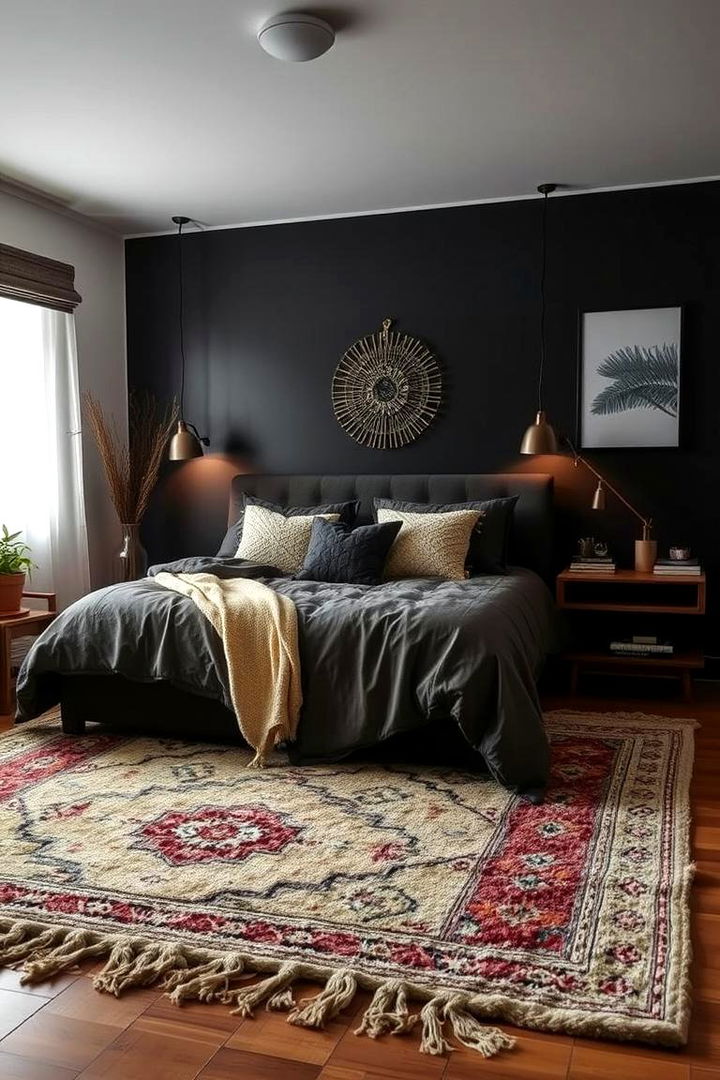 Cozy Ambience with Layered Rugs - 22 Matte Black Bedroom Ideas
