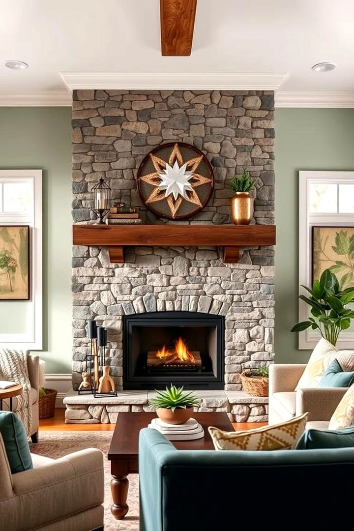 Cozy Fireplace Focal Point - 22 Rustic Sage Green Living Room Ideas