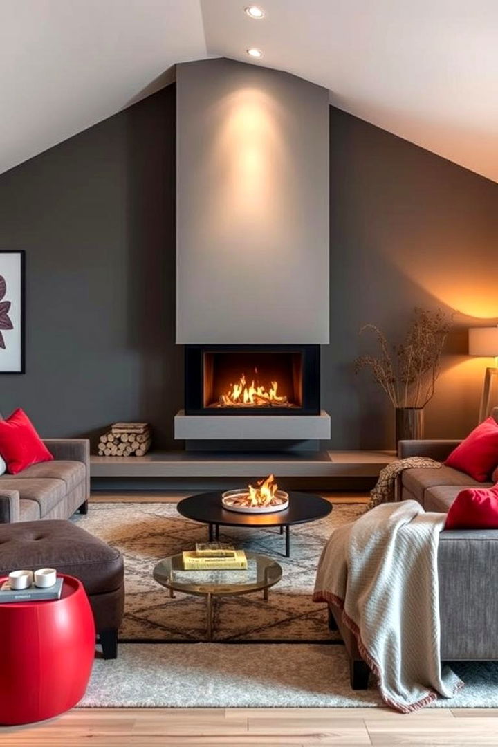 Cozy Fireplace as a Red and Grey Hub - 22 Red and Grey Living Room Ideas