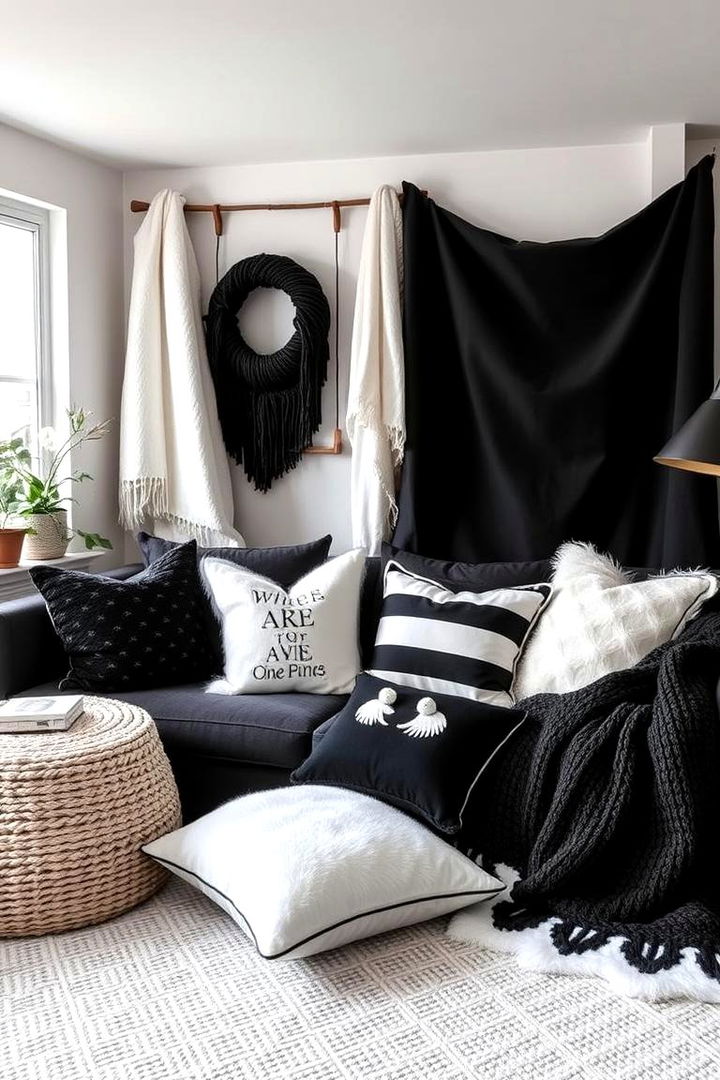 Cozy Monochrome Textiles - 22 Black and White Living Room Ideas