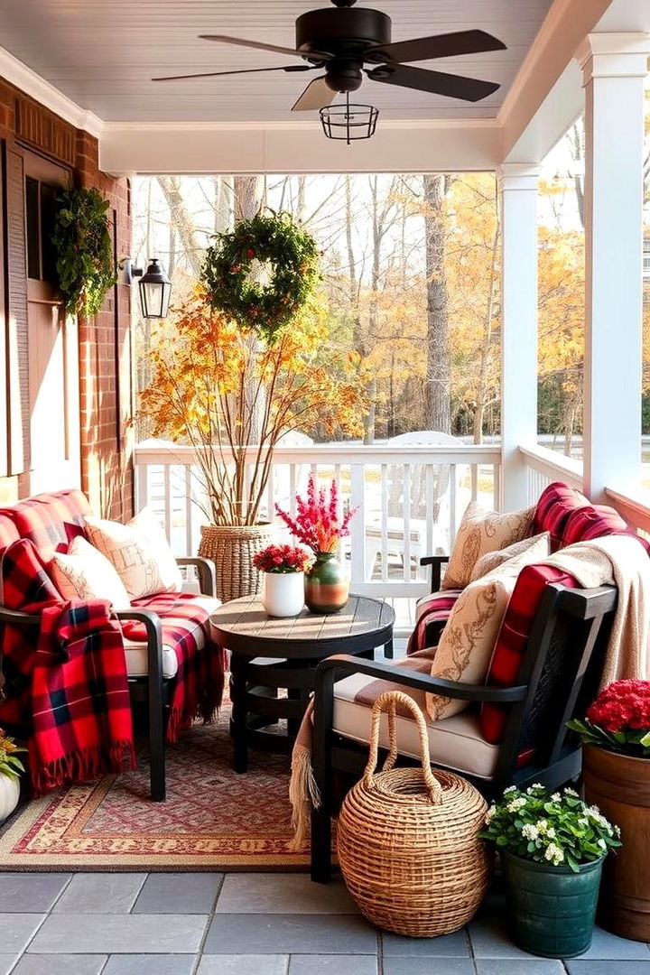 Cozy Outdoor Seating with Plaid Throws - 22 fall outdoor decorating ideas