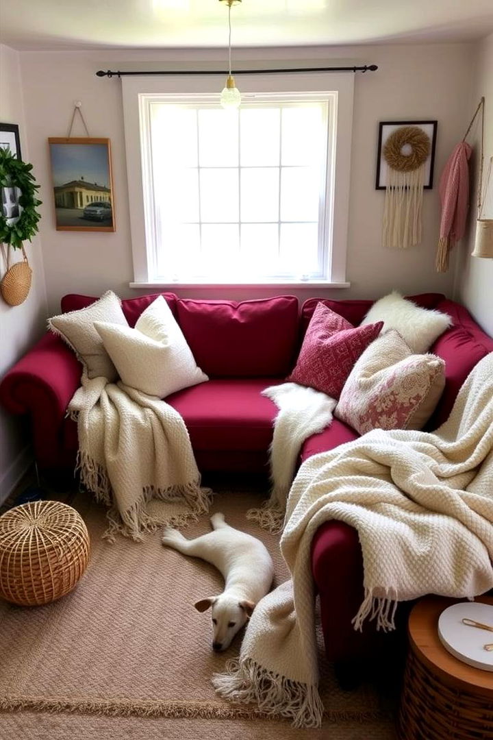 Cozy Retreat with Plush Accessories - 22 Burgundy Sofa Living Room Ideas