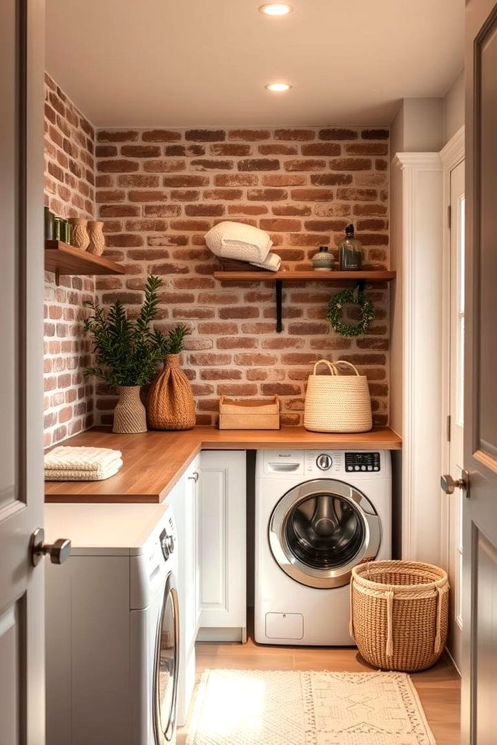 Cozy Retreat with Subtle Brick Accents and Soft Lighting - 22 Brick Floor Laundry Room Ideas