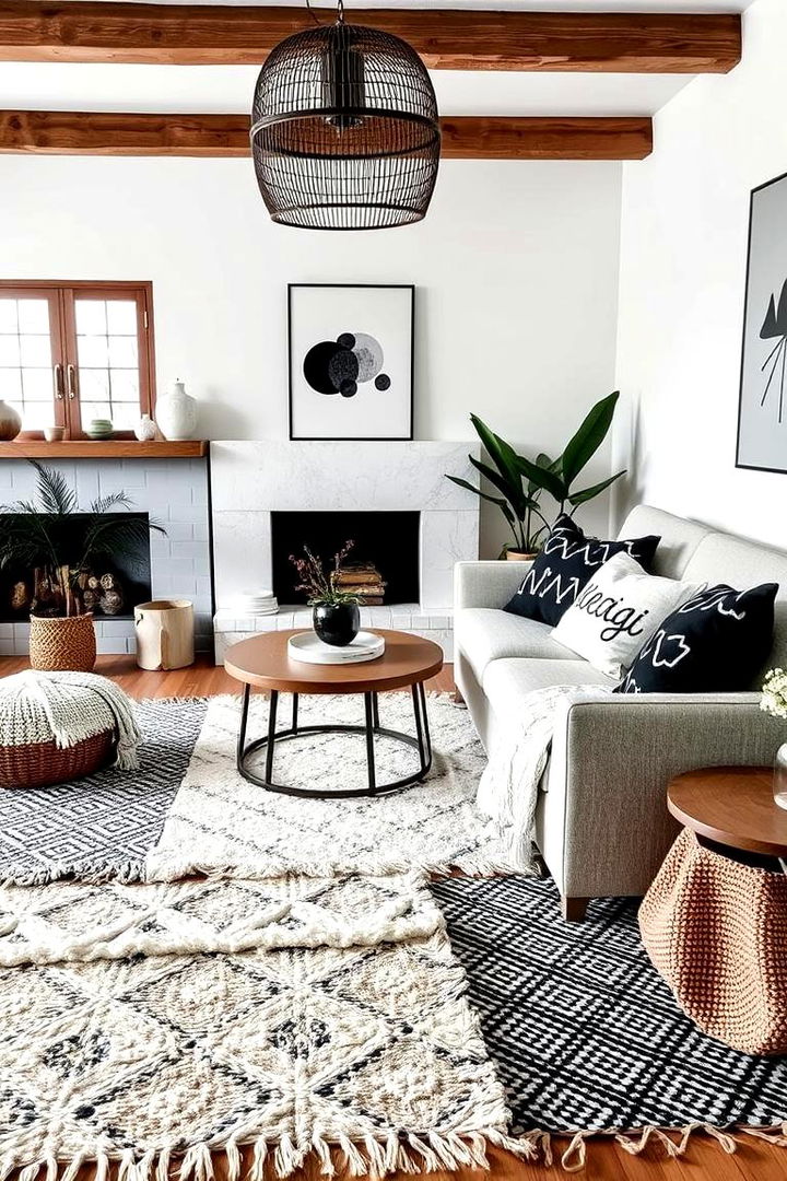 Cozy Rug Layers and Plush Throws - 22 Black and White Boho Living Room Ideas