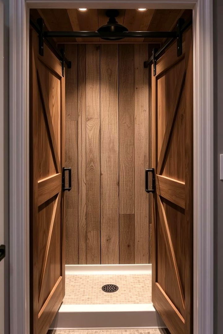 Cozy Shower Nook with Barn Doors - 22 Rustic Walk-in Shower Ideas
