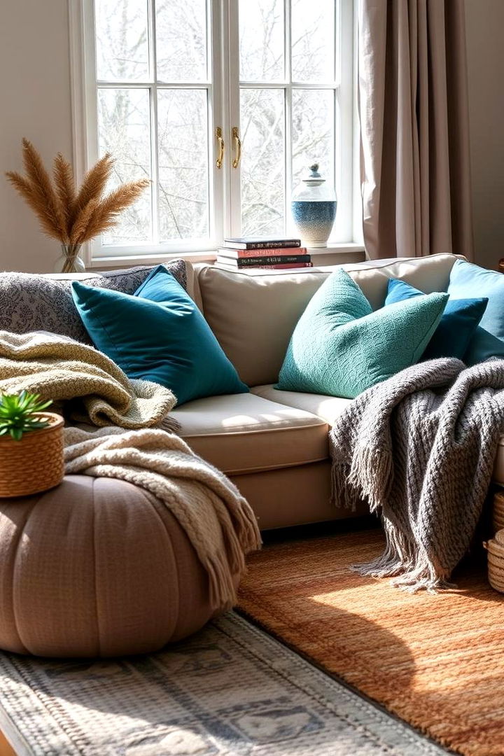 Cozy Textiles and Throws - 22 Teal and Grey Living Room Ideas