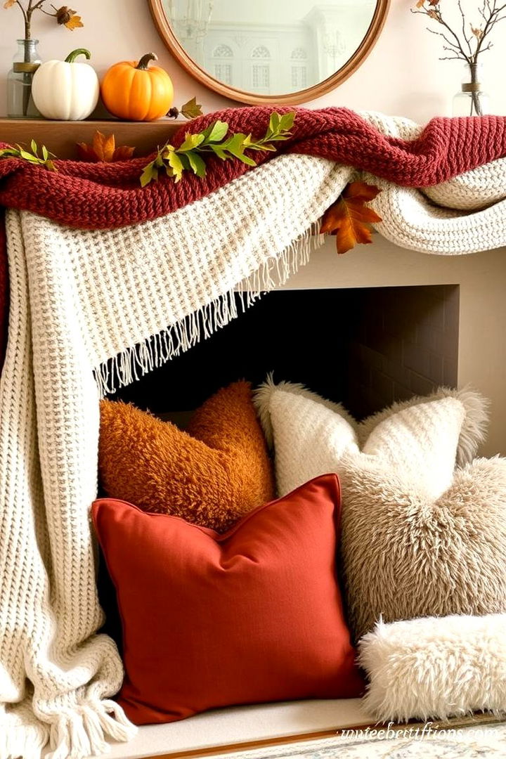 Cozy Textured Blankets and Pillows - 22 Fall Mantel Decor Ideas