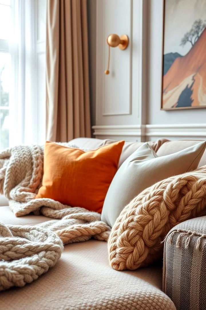 Cozy Textured Fabrics - 22 Orange and Grey Living Room Ideas