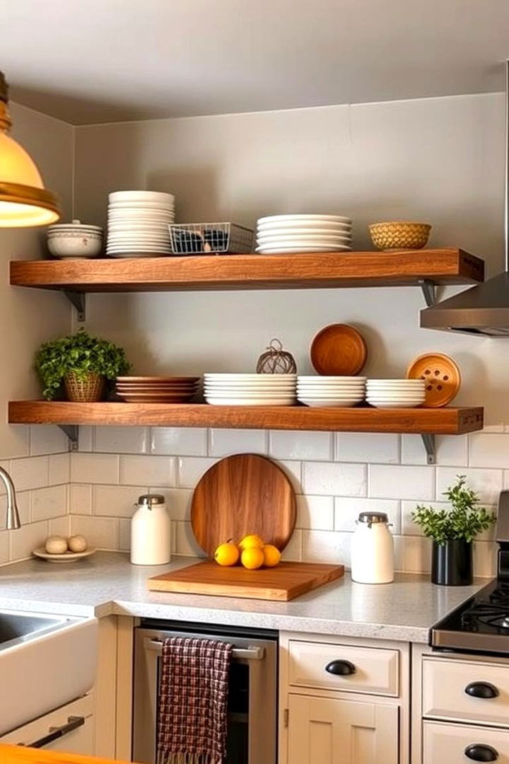 Cozy Warmth with Textured Shelves - 22 Open Shelving Kitchen Ideas