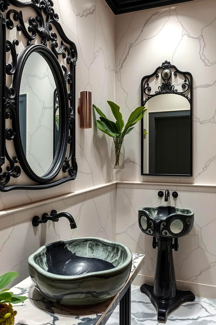 Crafted Sinks and Statement Mirrors - 22 Black and Green Bathroom Ideas