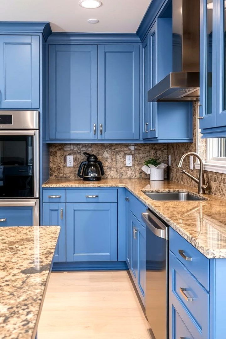 Creating a Cohesive Kitchen Theme - 22 blue kitchen cabinets with brown granite countertops