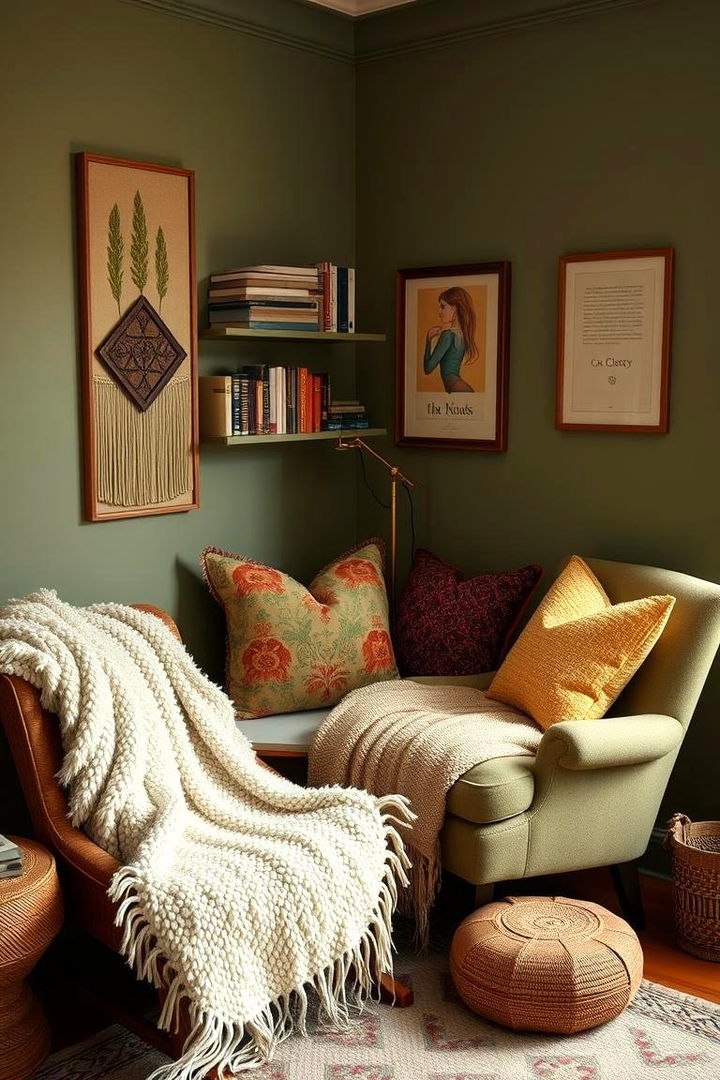 Creating a Cozy Nook with Throws and Pillows - 22 Boho Sage Green Bedroom Ideas