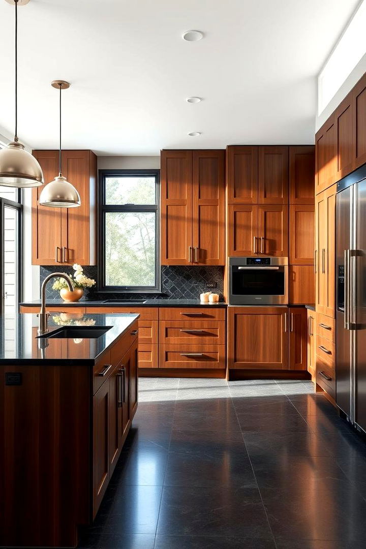 Creating a Perception of Spaciousness - 22 Brown Kitchen Cabinets With Black Countertops