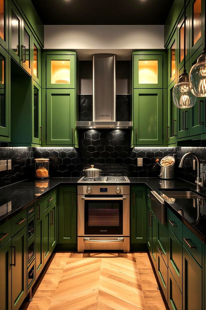 Creating a Striking Focal Point - 22 Green Kitchen Cabinets With Black Countertops