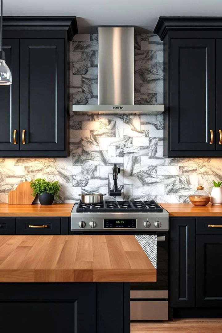 Creative Backsplash Accents - 22 Kitchen With Black Cabinets And Wood Countertops Ideas