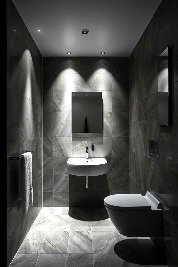 Creative Lighting and Grey Tiles - 22 Grey Tile Bathroom Ideas