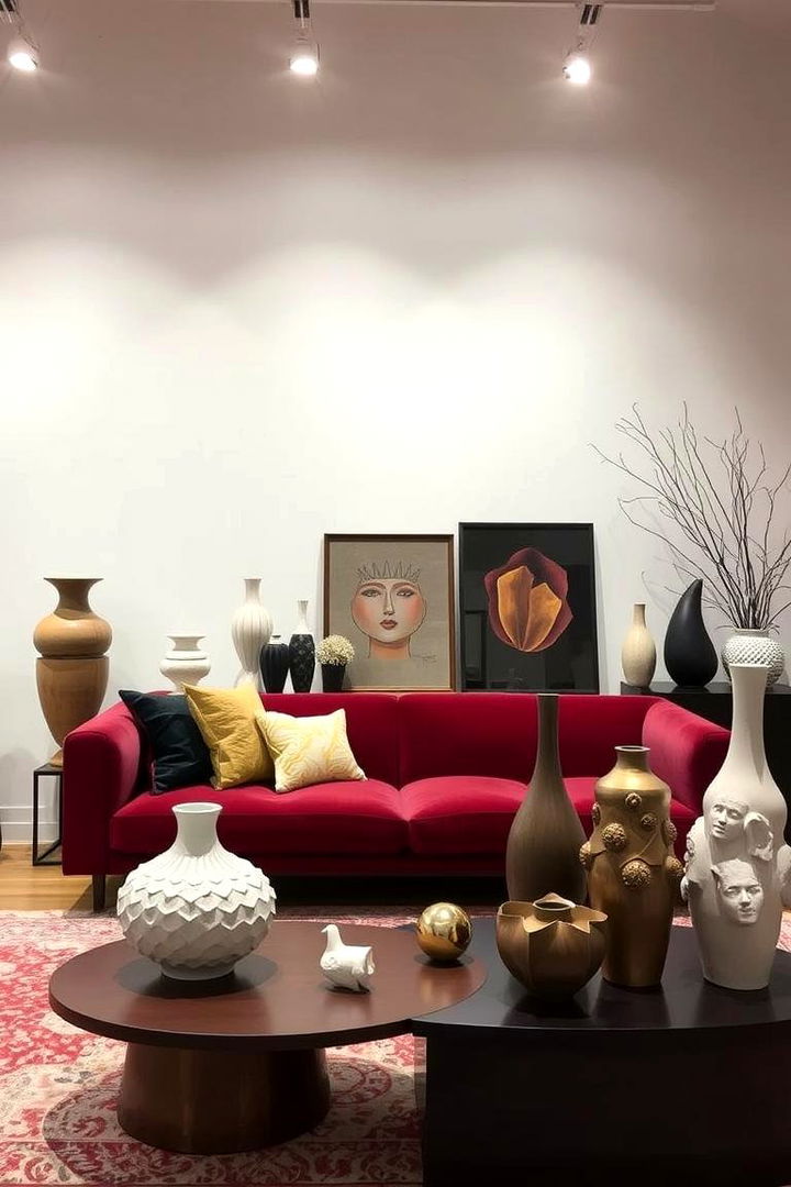 Curated Mix of Sculptural Decor - 22 Burgundy Sofa Living Room Ideas