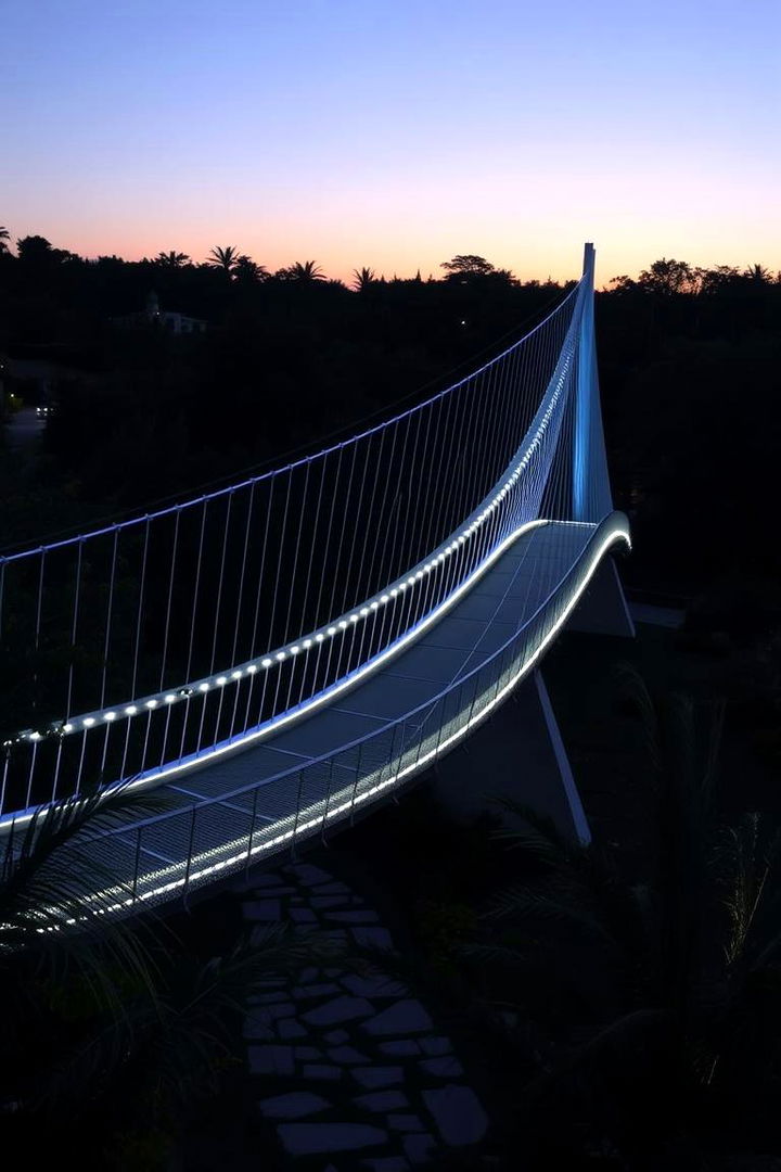 Curved Suspension Bridge with LED Lighting - 22 Garden Bridge Ideas