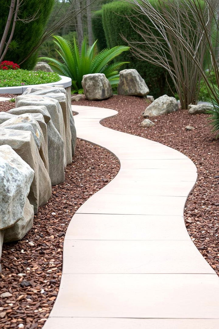 Curved Walkways Lined with Natural Rocks and Mulch - 22 Front Yard Landscaping Ideas With Rocks and Mulch