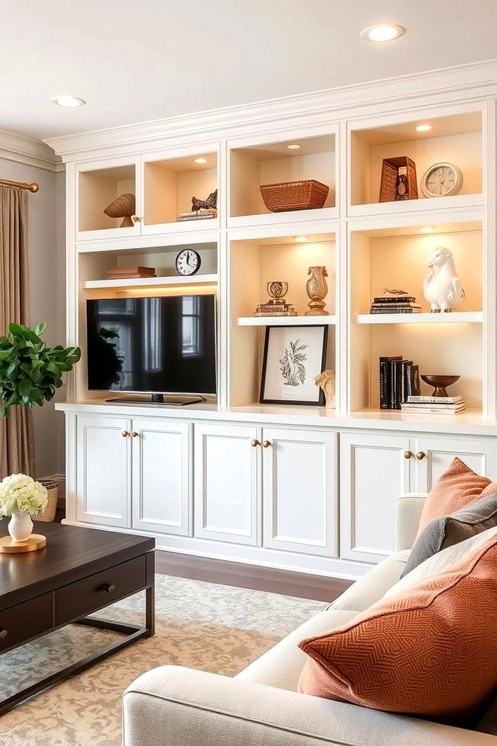 Custom Built Ins Seamless Storage Solutions - 22 Cream and Gold Living Room Ideas