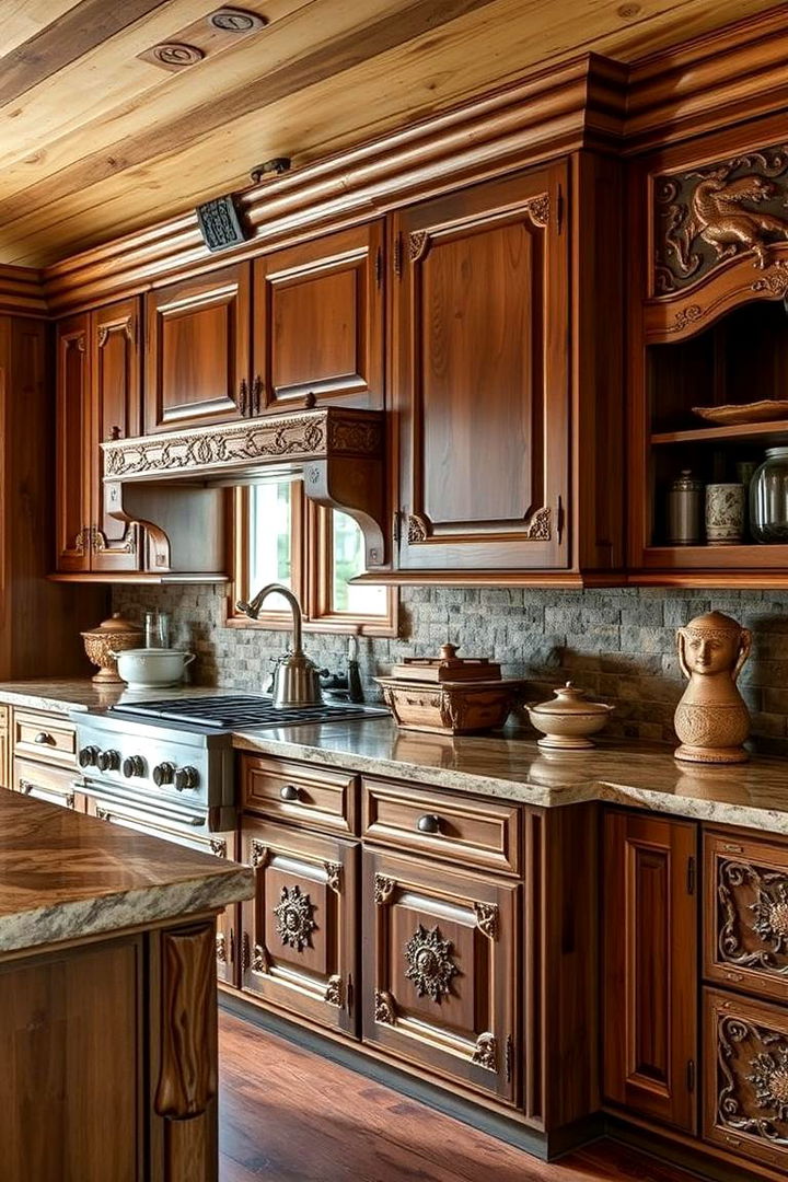 Custom Carved Cabinets - 22 Mountain House Kitchen Ideas