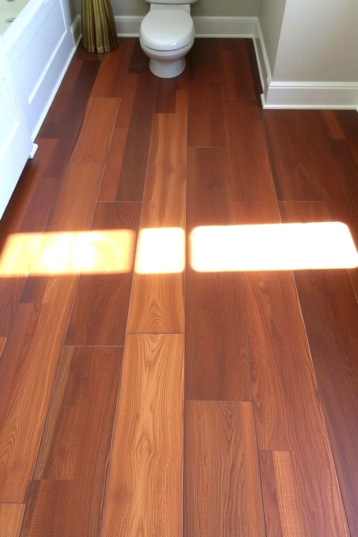 Custom Stained Wood Artistry - 22 Ideas for Wood Floors in Bathrooms