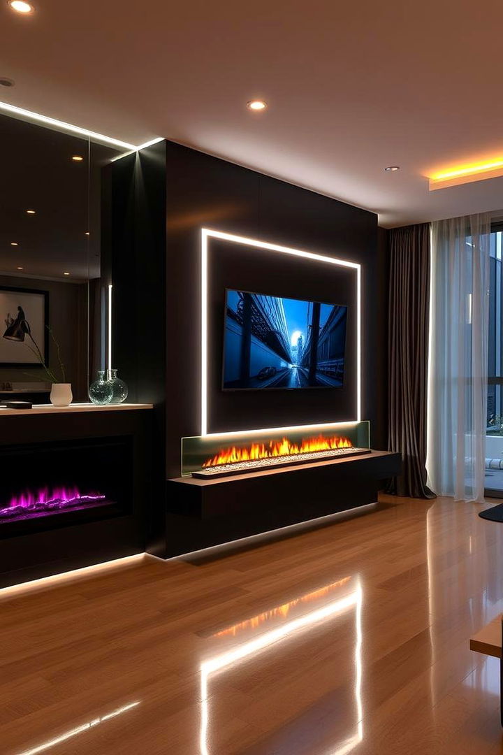 Customizable LED Accent Features - 22 Linear Fireplace Ideas With Tv Above