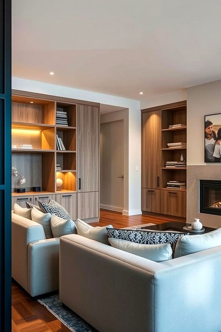 Customized Storage Solutions - 22 Living Room Ideas With Sectionals and Fireplace