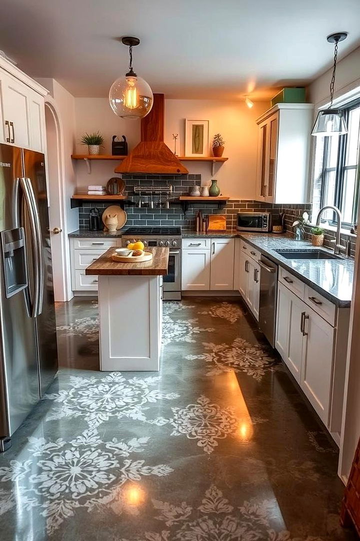 DIY Stenciled Floor Art - 22 Concrete Floor Kitchen Ideas