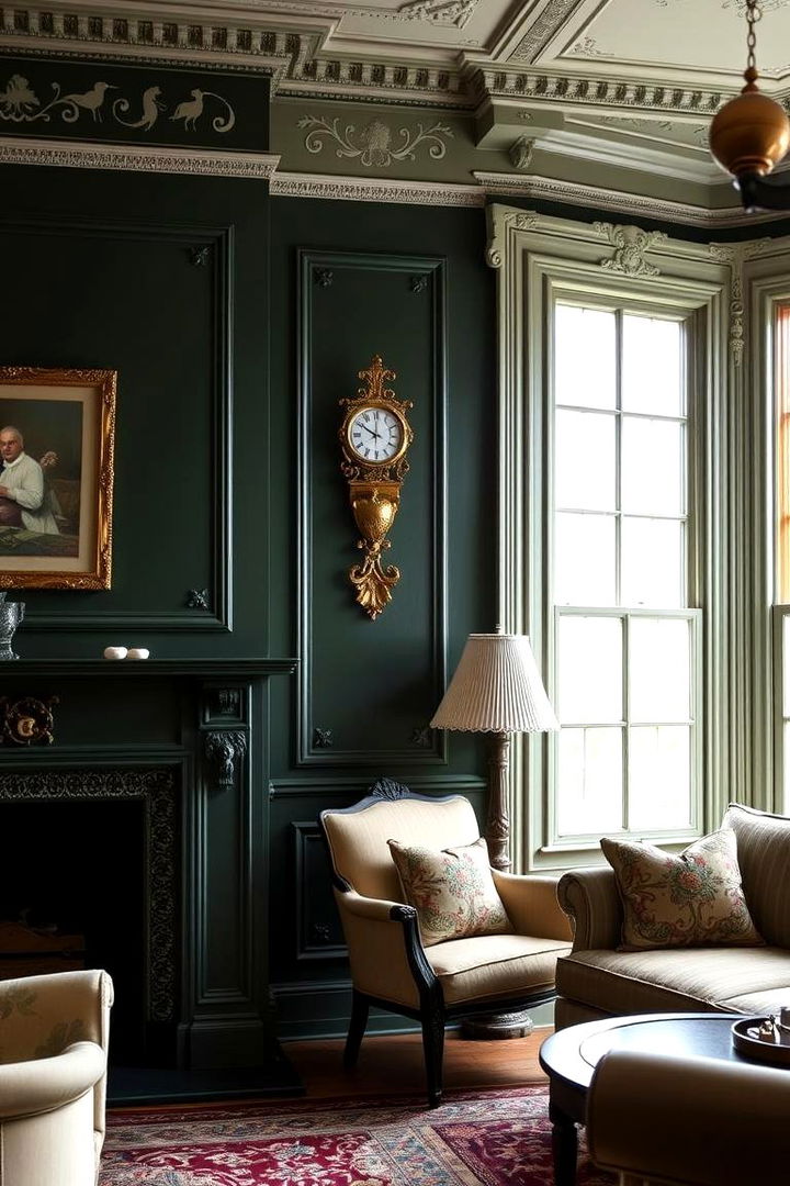 Dark Green Accent Walls with Period Detailing - 22 Victorian Dark Green Living Room Ideas