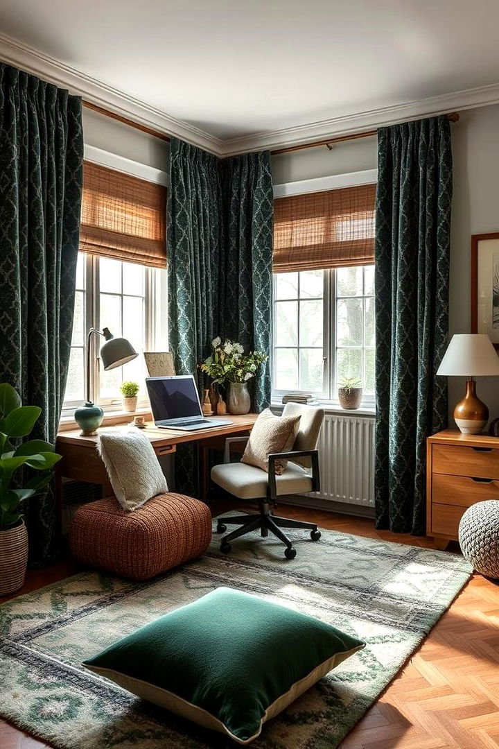 Dark Green Office with Textured Fabrics - 22 Dark Green Home Office Ideas