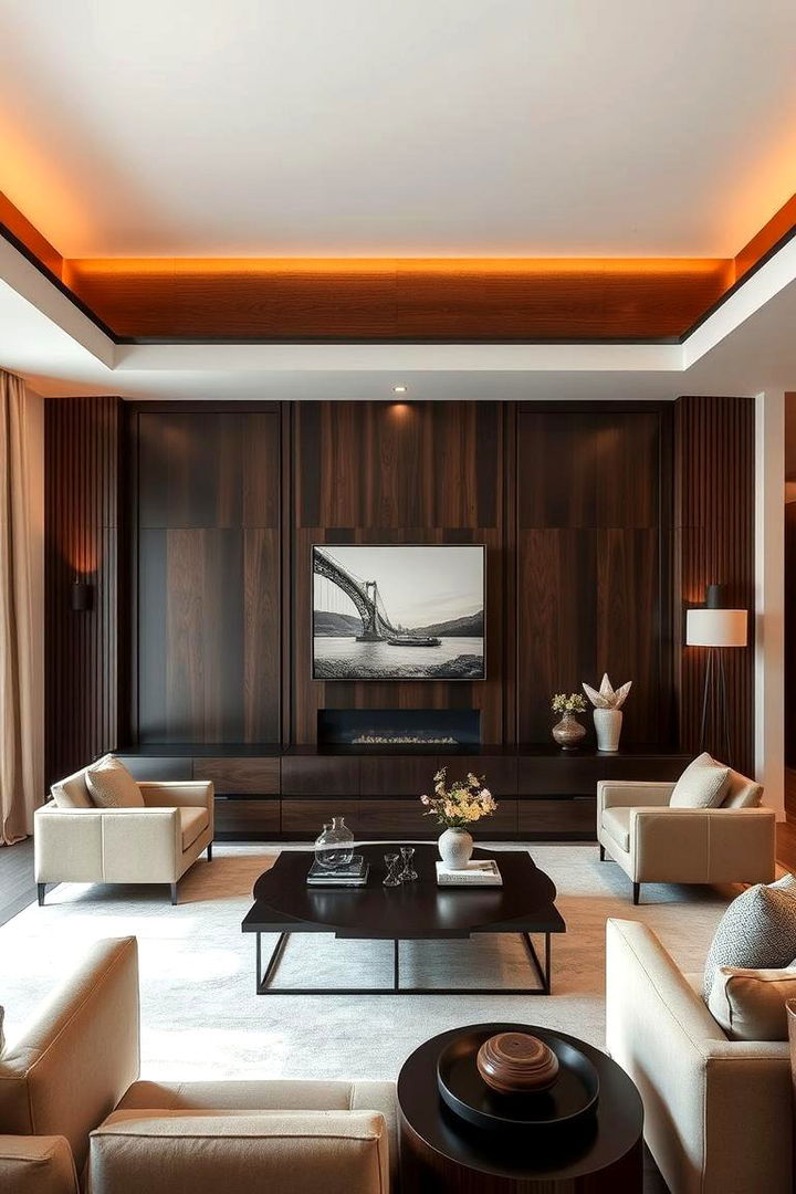 Dark Wood Contrast Panels - 22 Living Room Wainscoting Ideas
