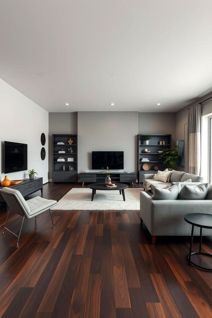 Designing Multi functional Zones - 22 Grey Living Room With Dark Wood Floors