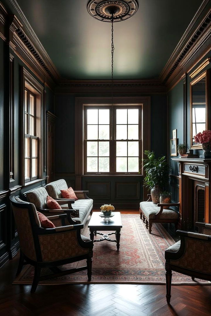 Detailed Wainscoting with Dark Green Backdrops - 22 Victorian Dark Green Living Room Ideas