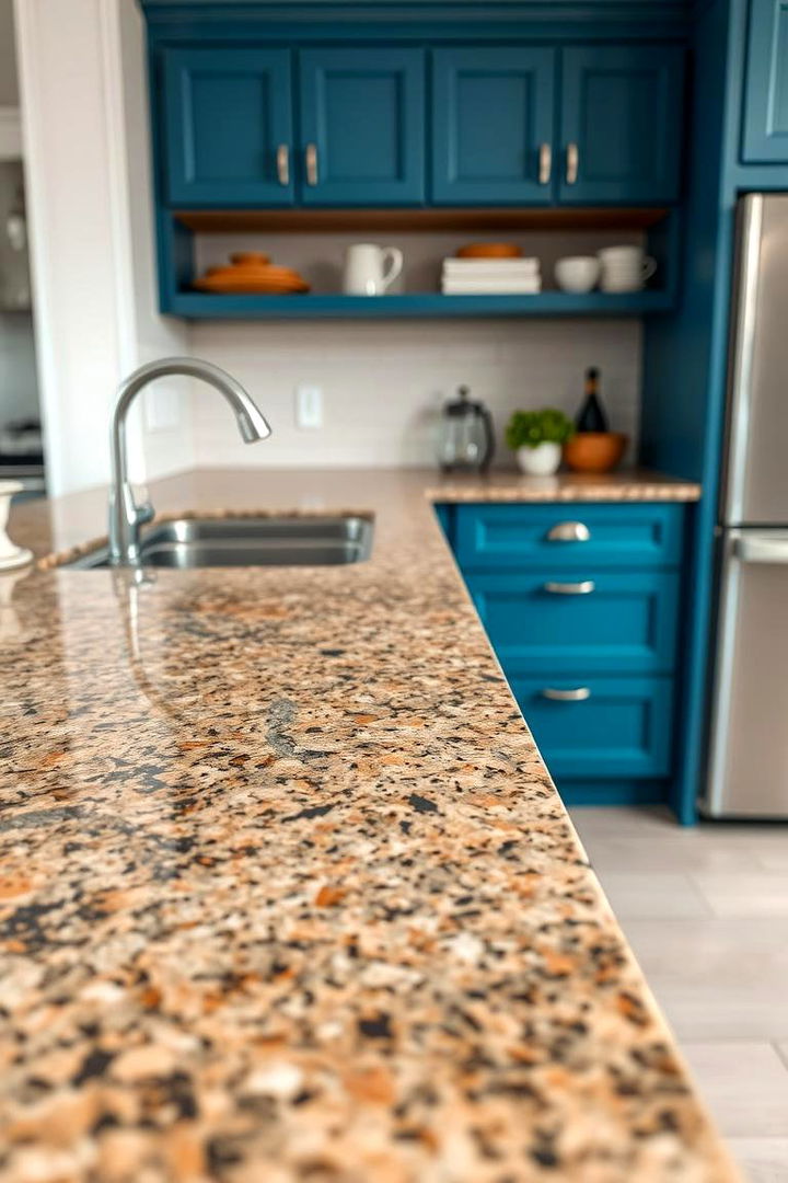 Distinct Textural Patterns in Granite - 22 blue kitchen cabinets with brown granite countertops