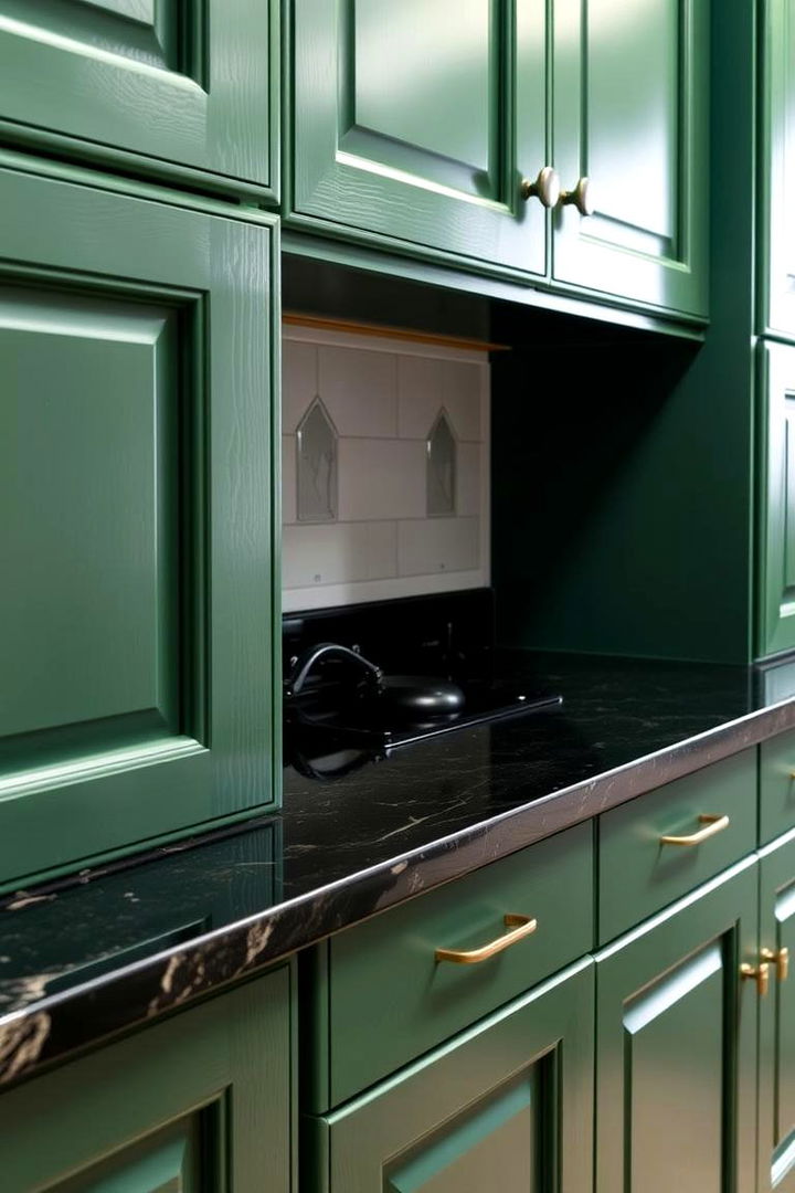 Distinctive Finishes and Textures - 22 Green Kitchen Cabinets With Black Countertops